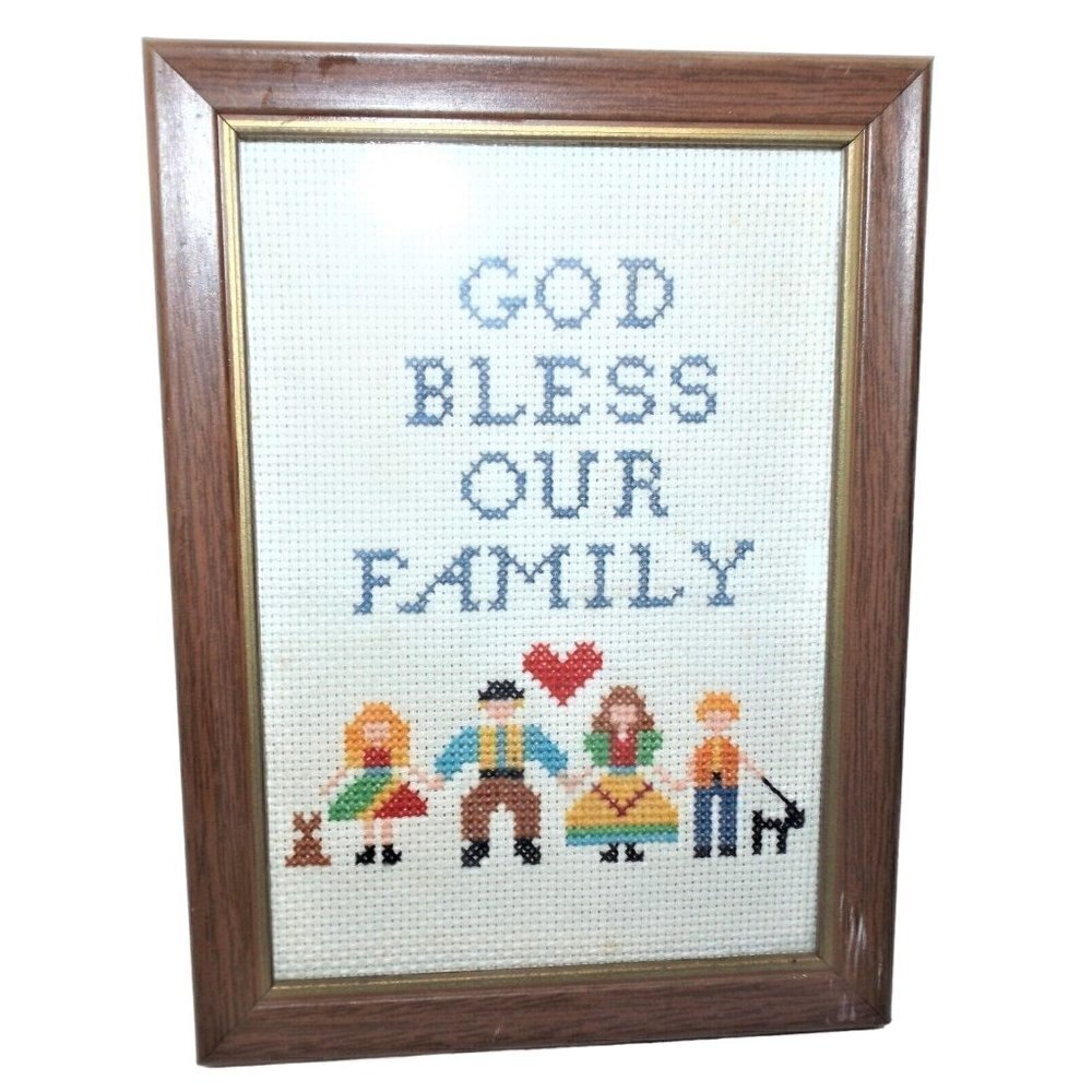 Vintage Framed Counted Cross Stitch Picture God Bless Our Family 5 X 7